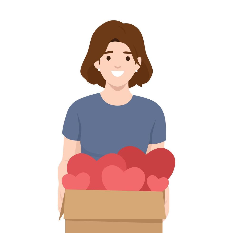 Spreading Love Through Giving. Woman holds a donation box filled with red hearts. vector