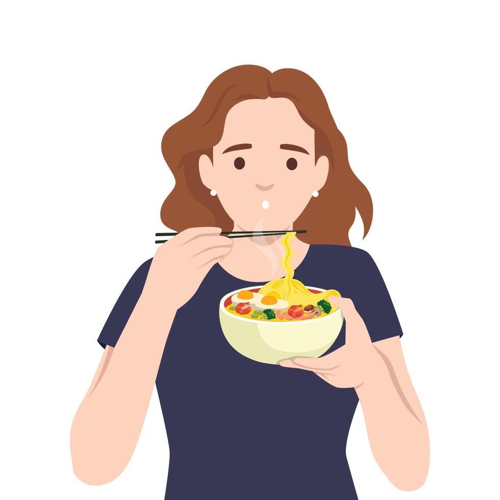 Woman with brown hair is happily eating a steaming bowl of ramen using chopsticks. vector