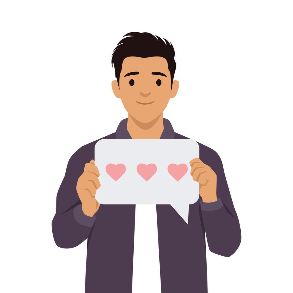Smiling man in a dark jacket holds a speech bubble with three pink hearts, symbolizing love. vector