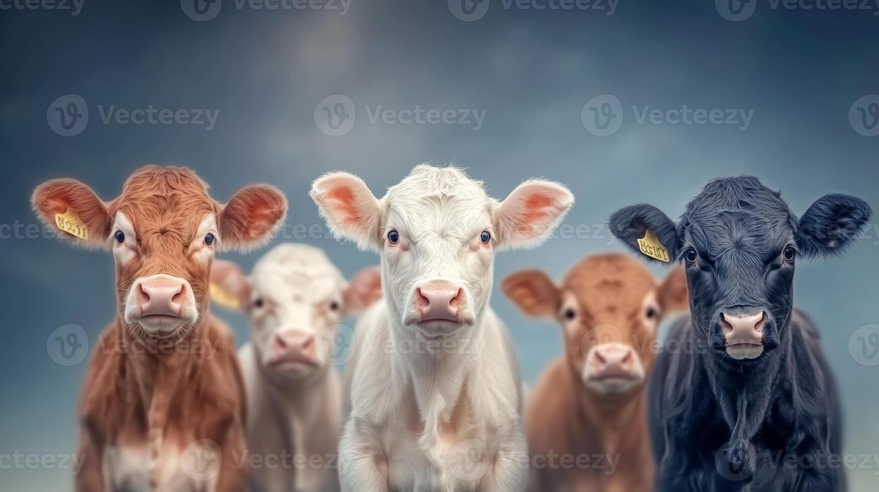 Group of cows are standing in a line, with one cow being black and the others being white photo