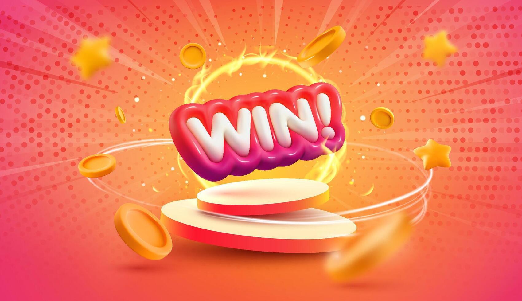 Win Word With Glowing Effects on Podium, Surrounded by Flying Golden Coins and Stars. Betting Winner Success, Victory, Achievement. Bright Celebratory Illustration. vector