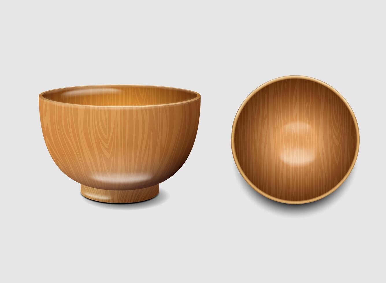 Wooden round food bowl realistic 3d illustration set vector