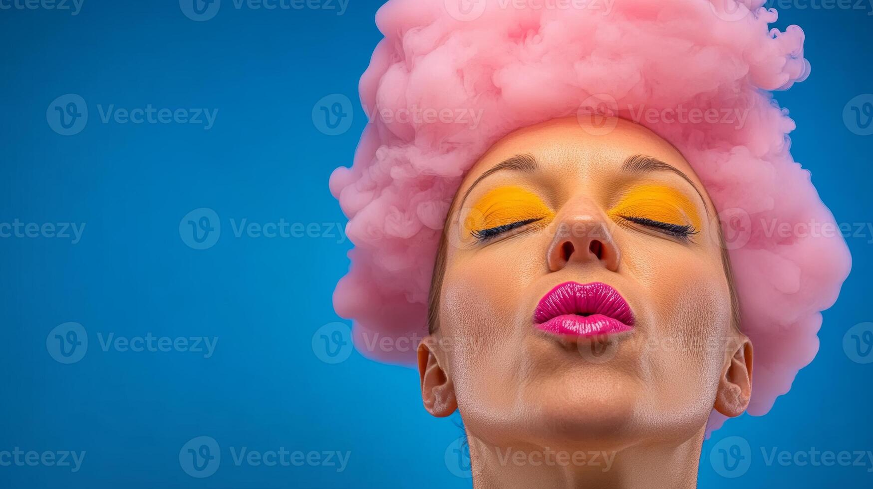 Woman with pink hair and yellow eyes is kissing her lips. The image has a playful and fun mood, as the woman's makeup and hairstyle are bright and colorful photo