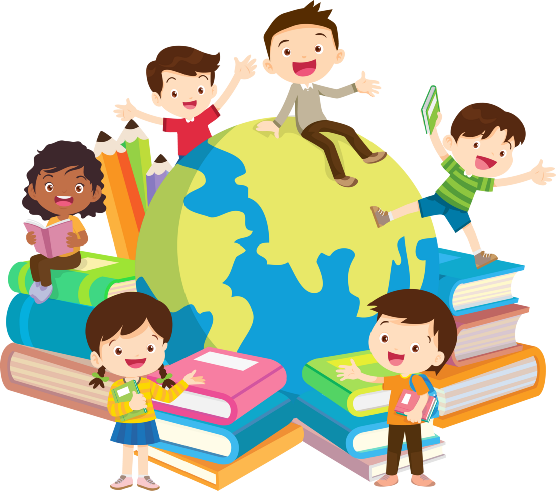 Children are happily learning in a large simulated world surrounded by piles of simulated books. png