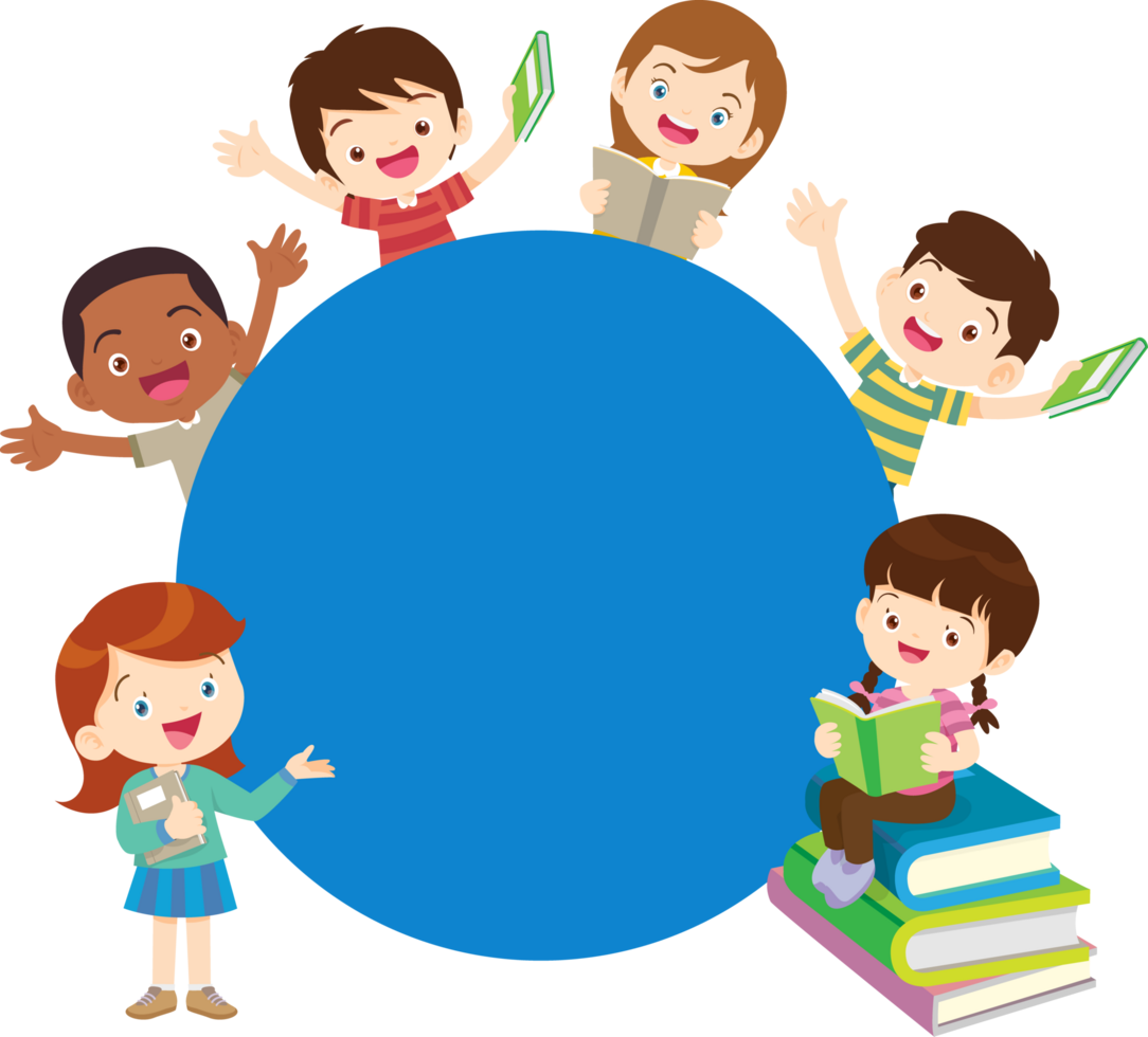 Happy children studying together in a colorful classroom. png