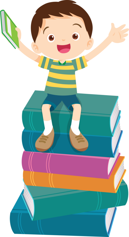 A cute boy is happily sitting on a pile of books. png