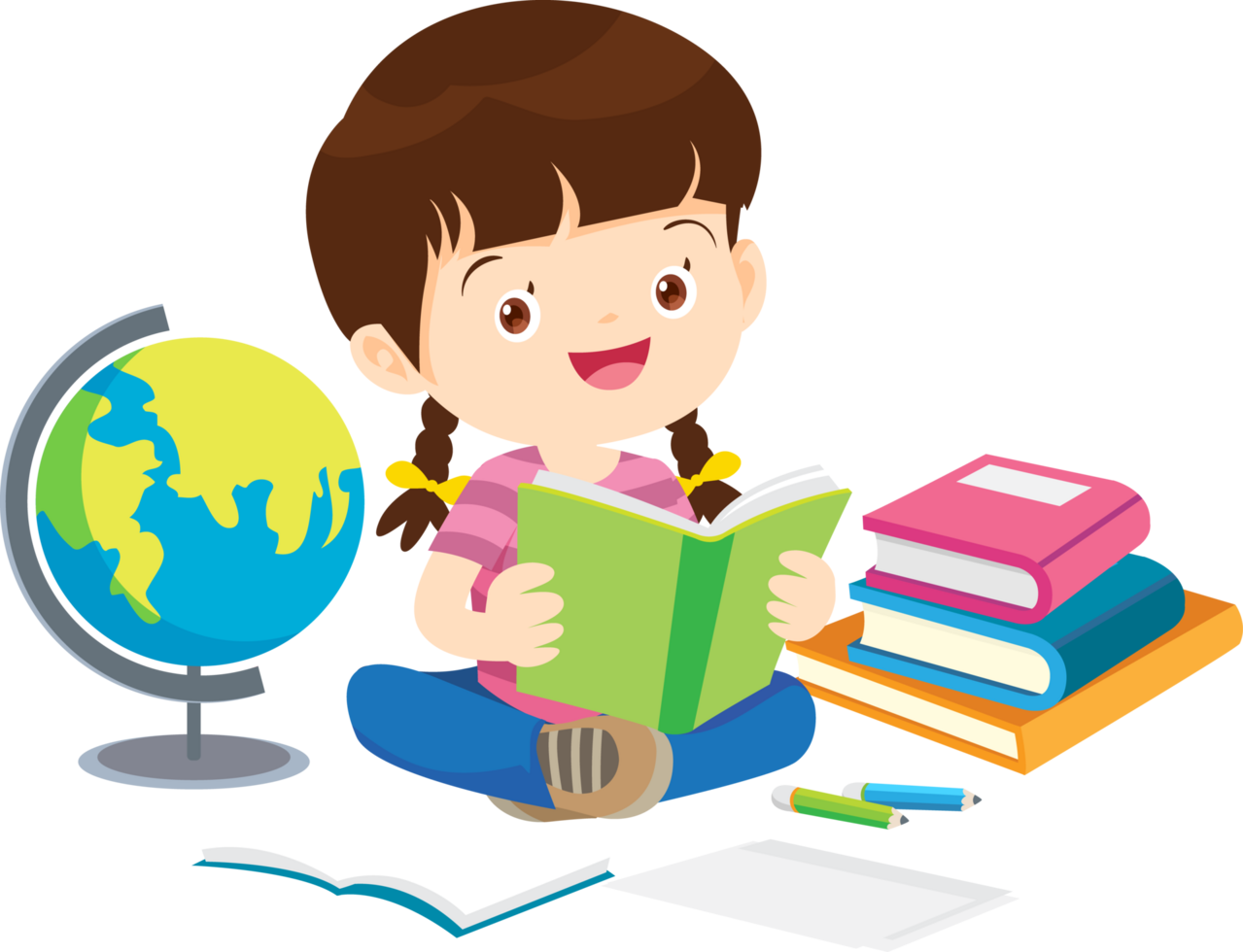 Cute girl with pigtails reading a colorful storybook. png