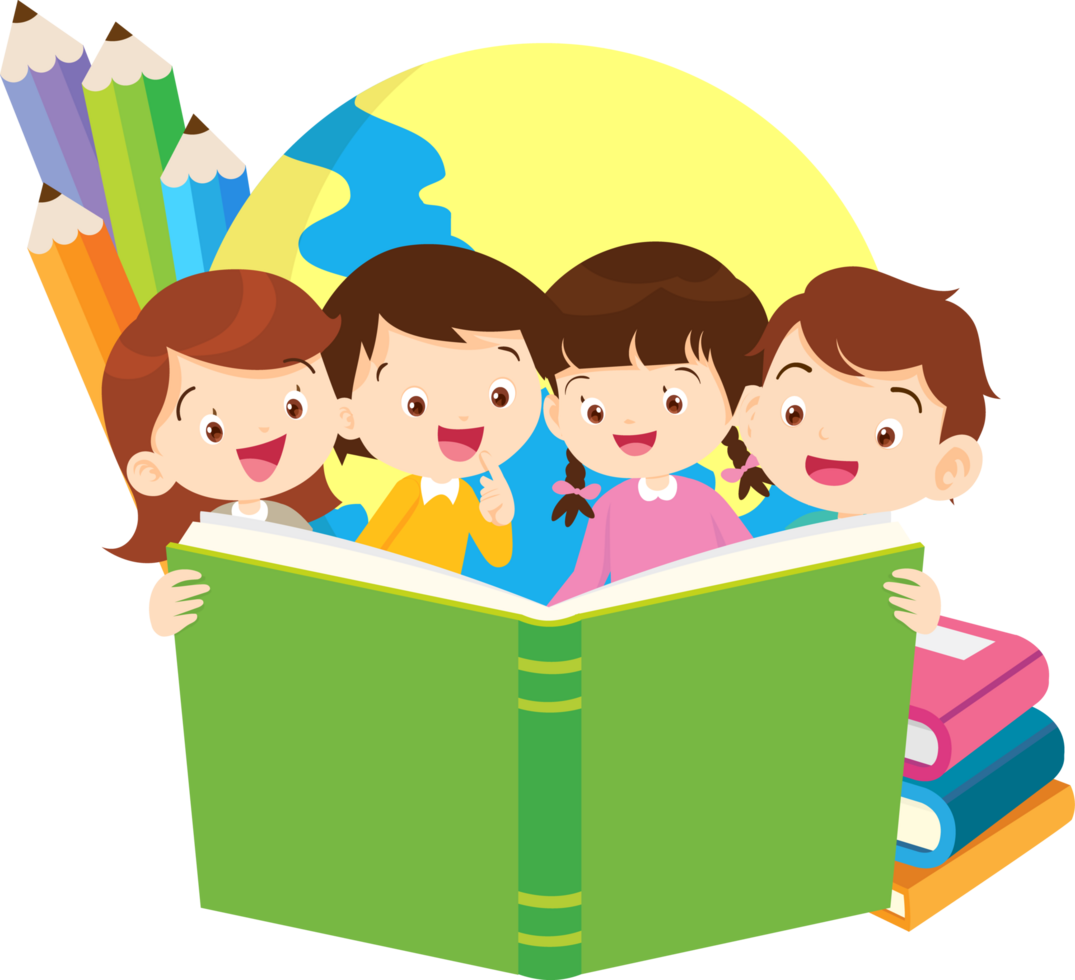 Cute kids sitting together and reading books joyfully. png