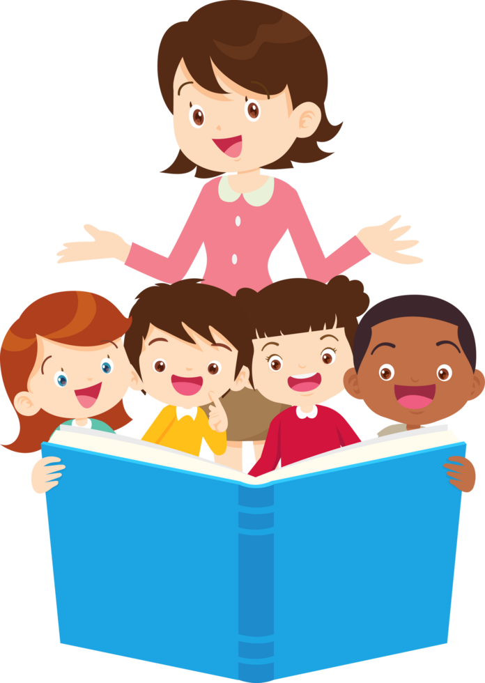 Teacher with students in a library, exploring knowledge. png