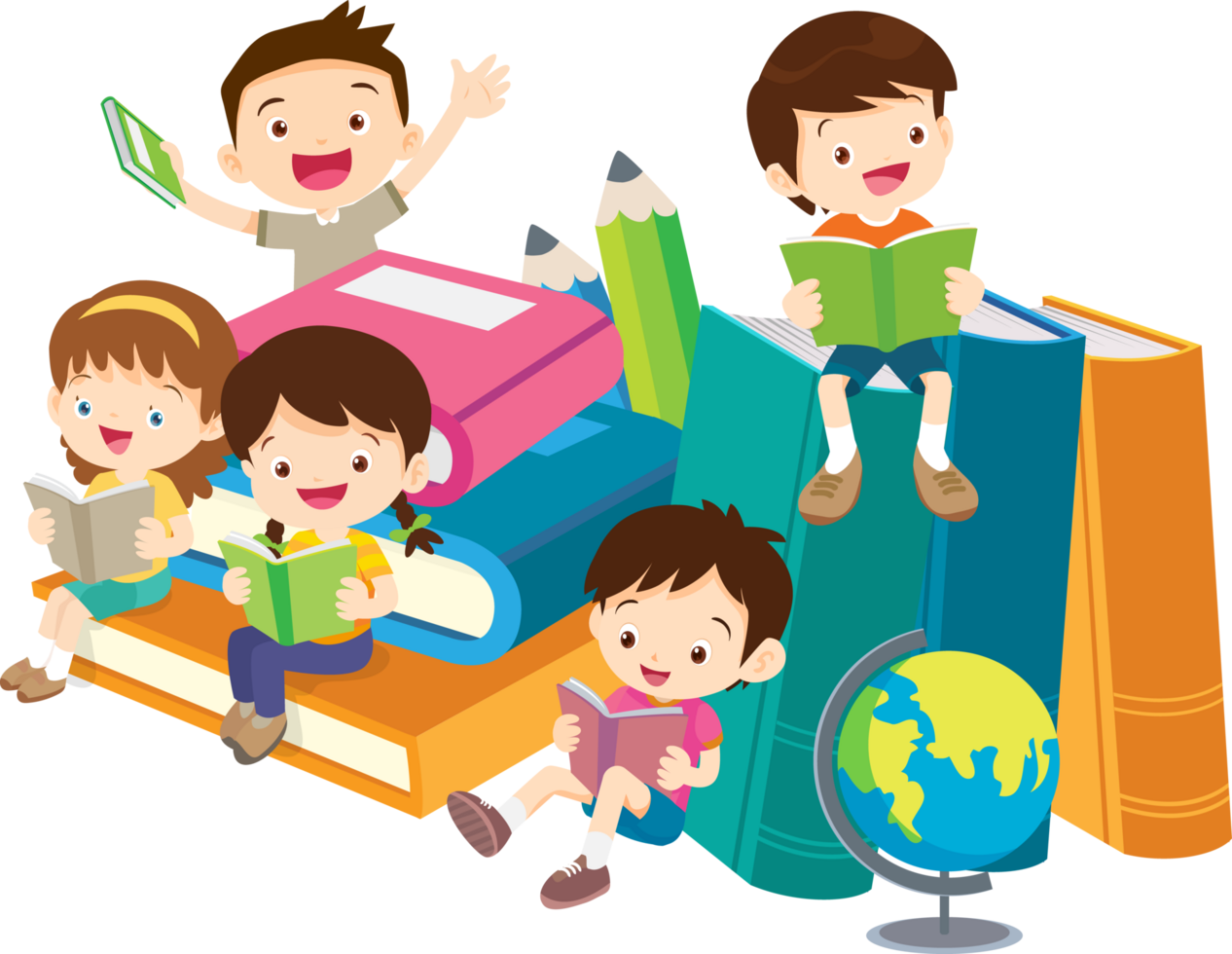 A promotional image of children happily reading a book together on a large mock-up book. png