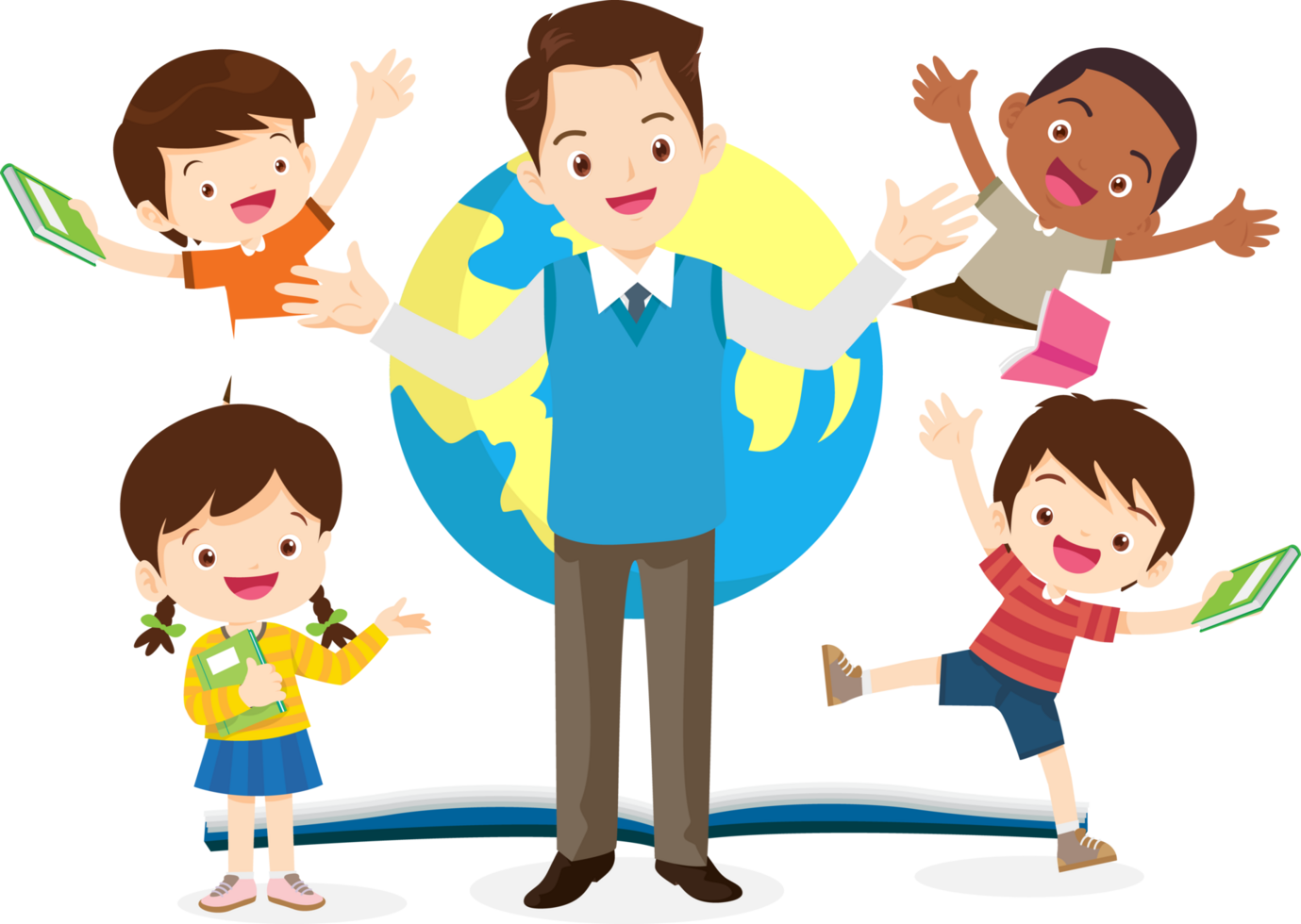 A kind male teacher surrounded by cheerful children. png