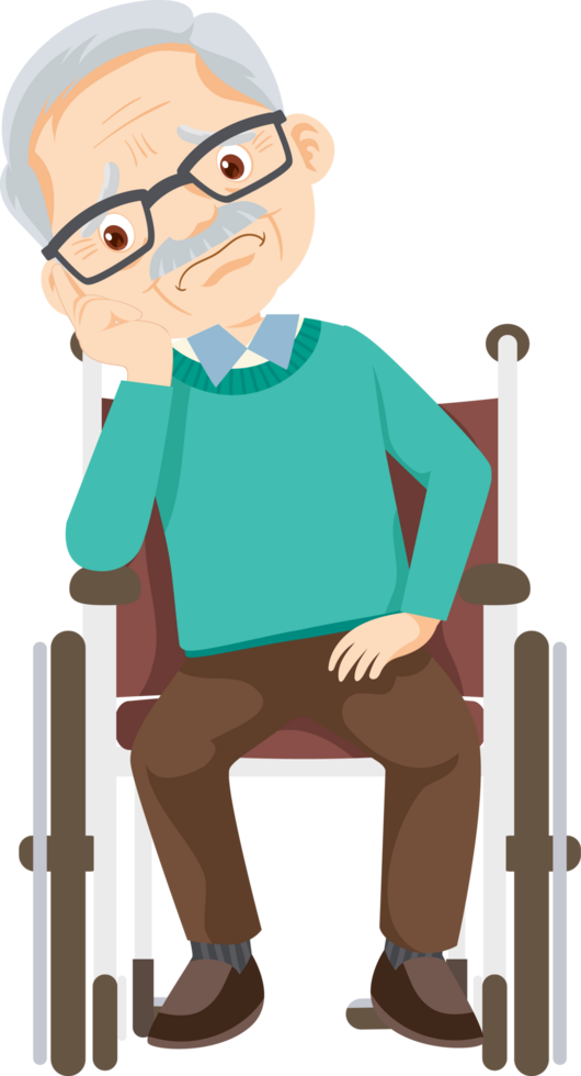 Grandpa looks worried on a hospital trolley after experiencing leg pain. png