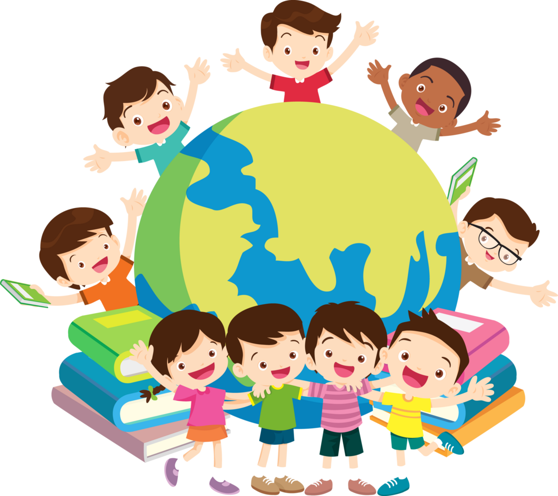 The school boys were cheerful and excited, surrounding a large simulated world. png