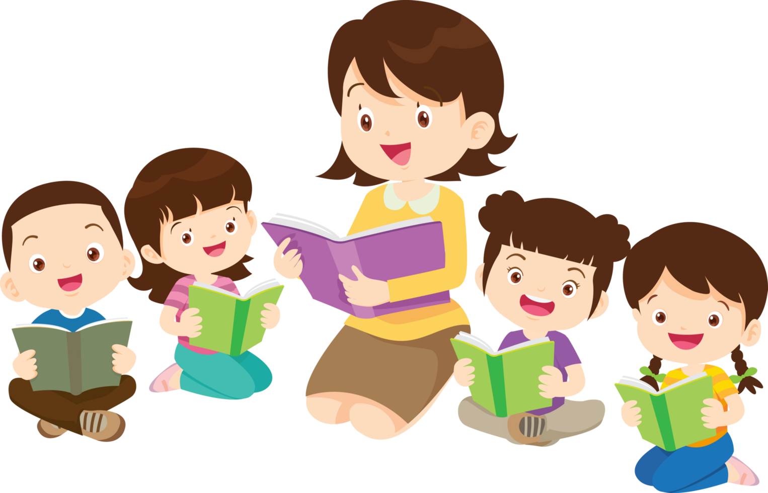 Little boy and girl enjoying their reading time in school. png