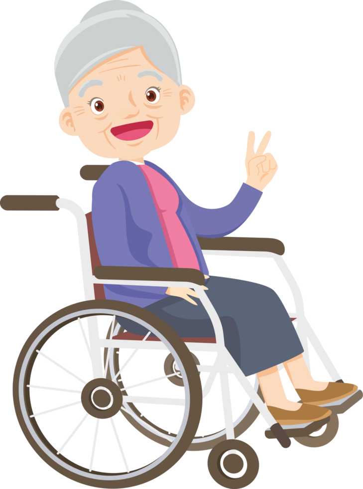 Senior woman sitting in a wheelchair and enjoying the sunlight. png