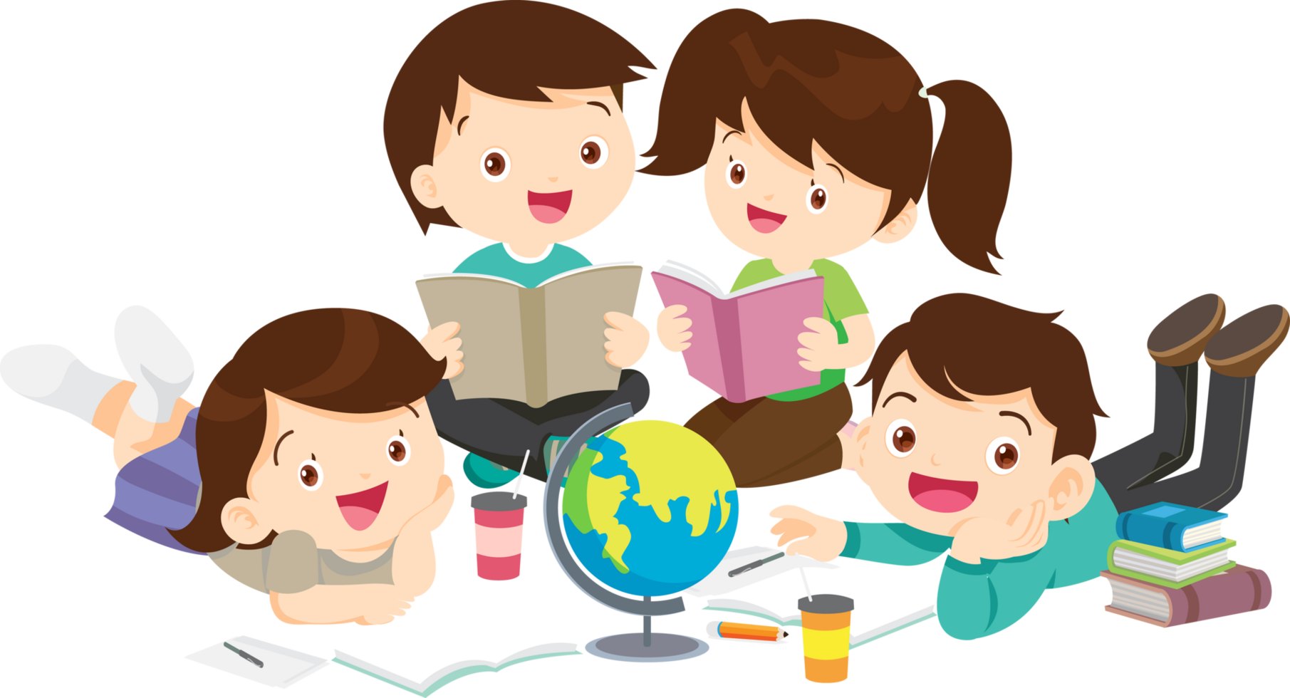 Kids sitting in a cozy reading corner, enjoying books. png
