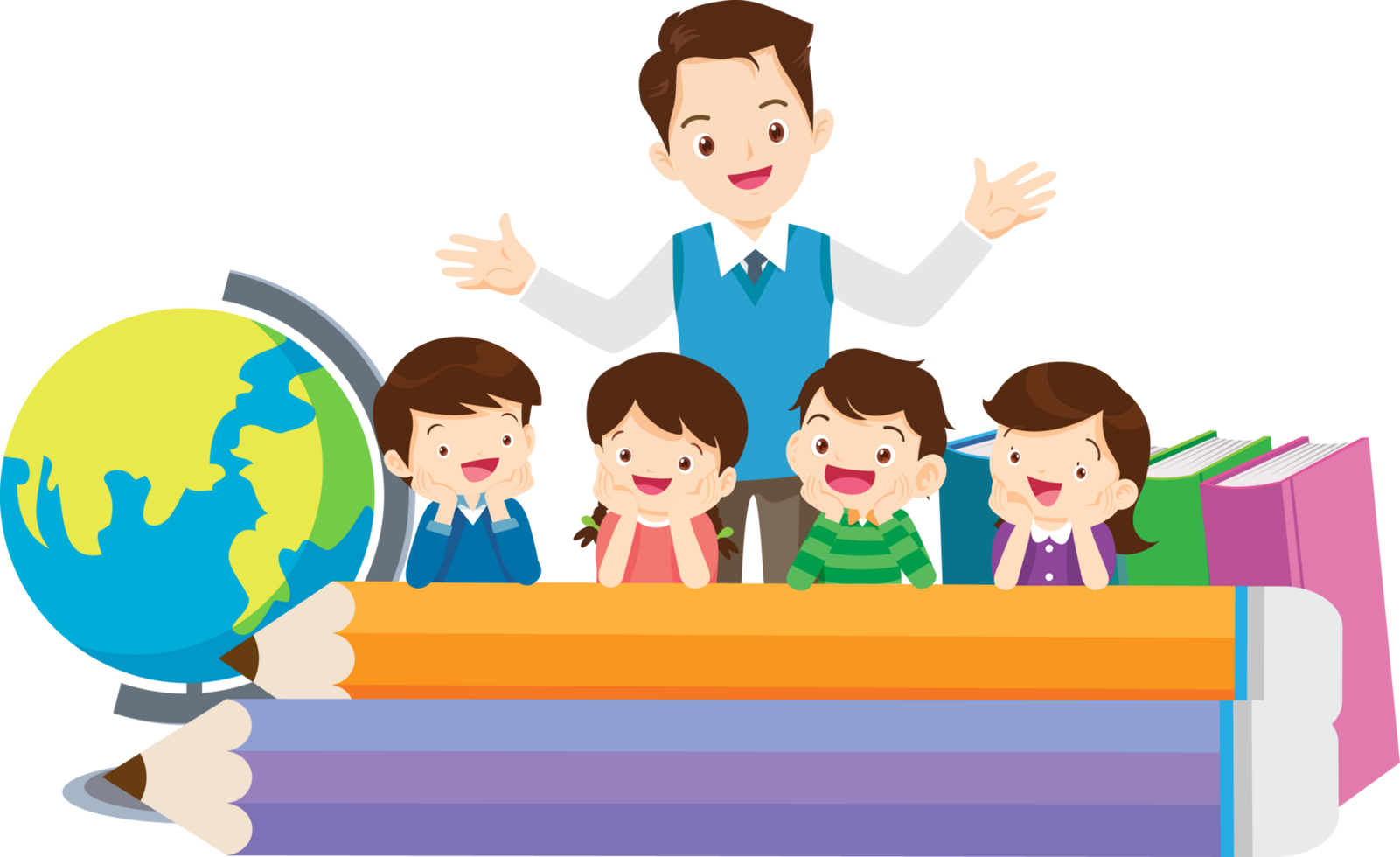 Preschool teacher guiding kids in learning new words. png