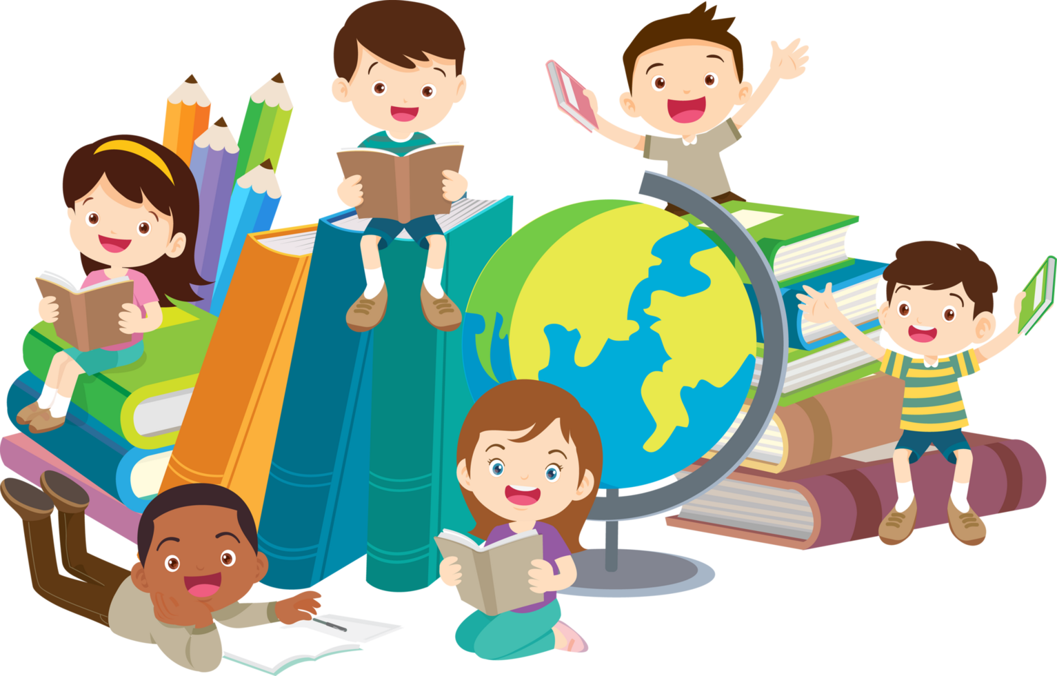 Advertisement featuring cheerful school boys and girls reading books in various poses amidst a large pile of mock books and a mock globe. png