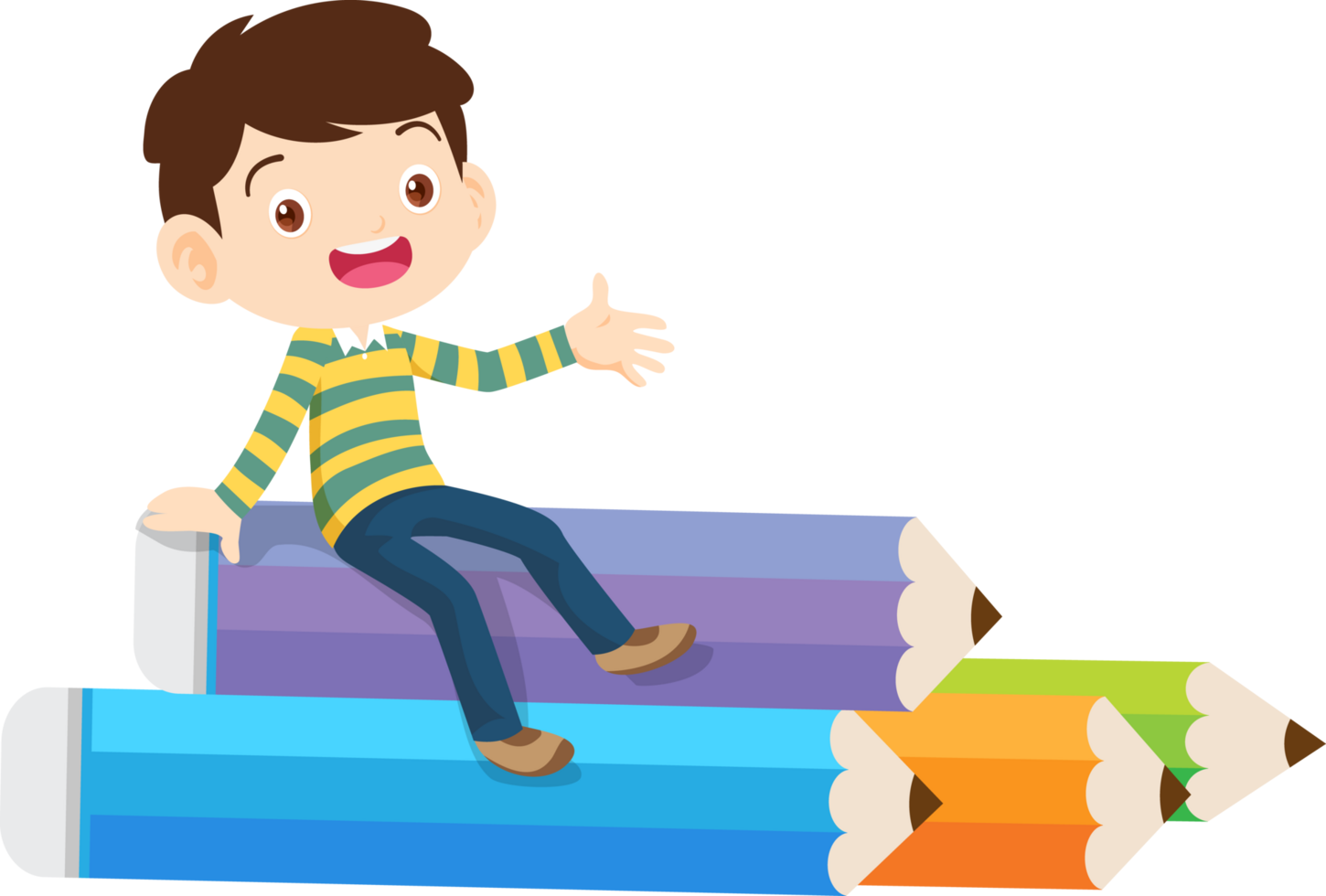 A boy is happily sitting on a big pile of mock-up pencils. png