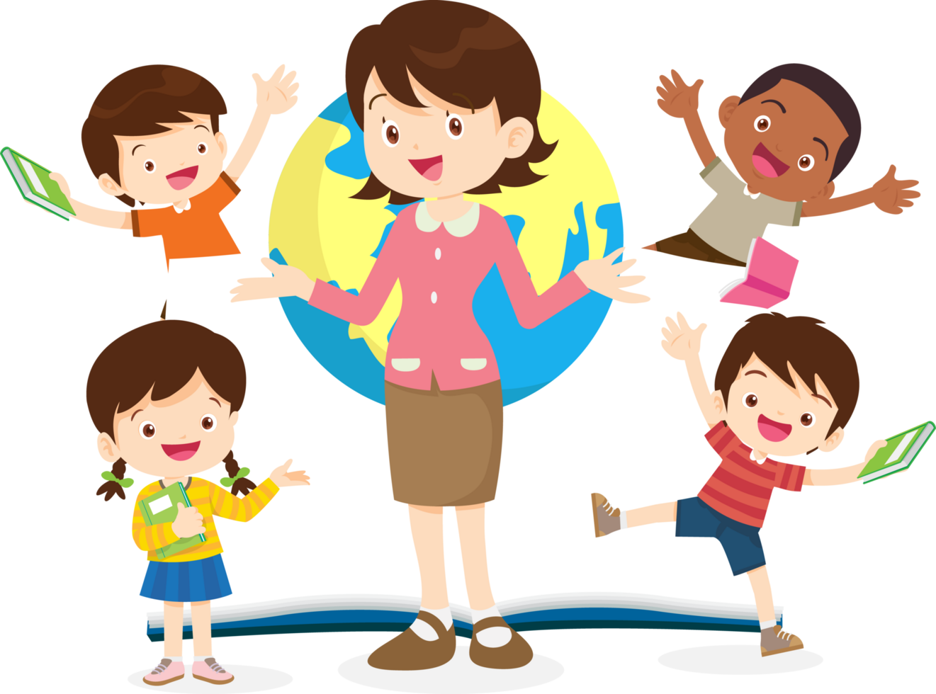 A kind female teacher surrounded by cheerful children. png