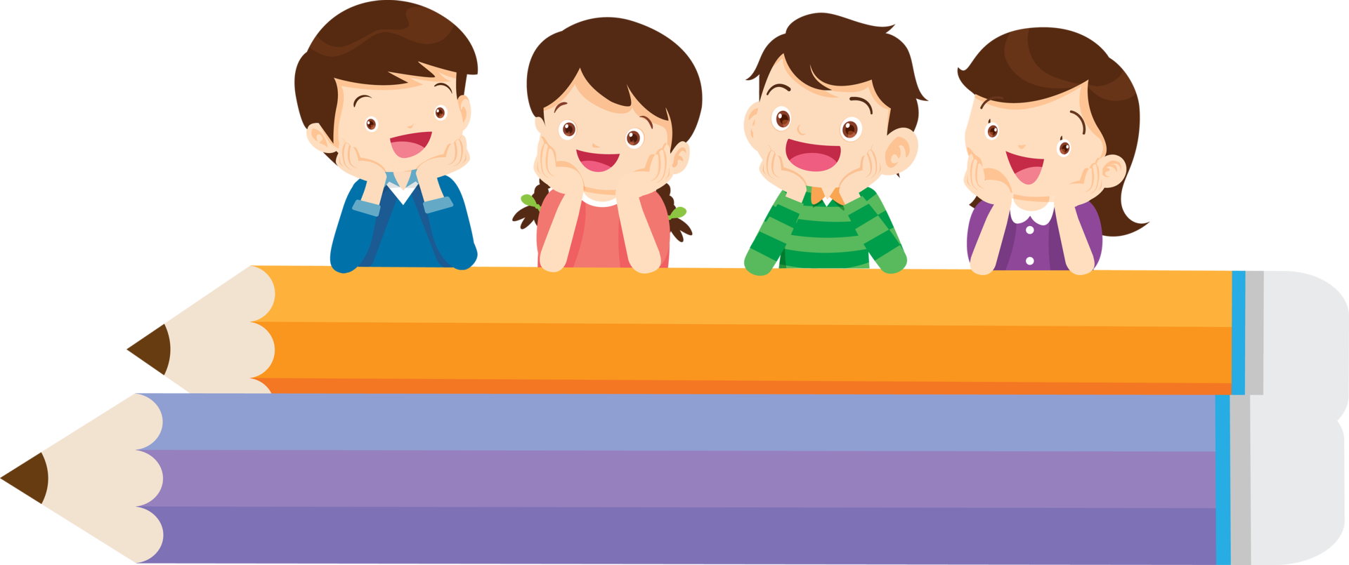 Advertisement featuring cheerful school boys and girls standing behind a large mock-up pencil. png