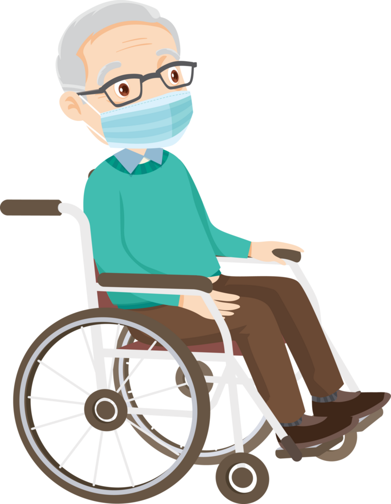 Grandpa wearing a face mask sits in a wheelchair while coming for a health checkup. png