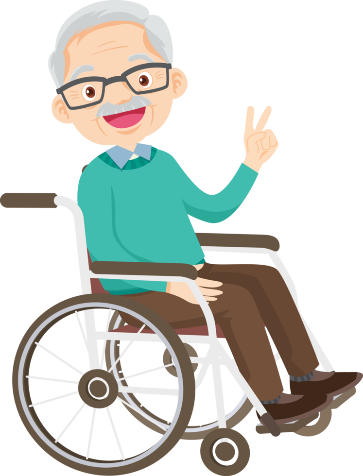 Grandpa sits in a wheelchair with two fingers raised and a smiling face. png
