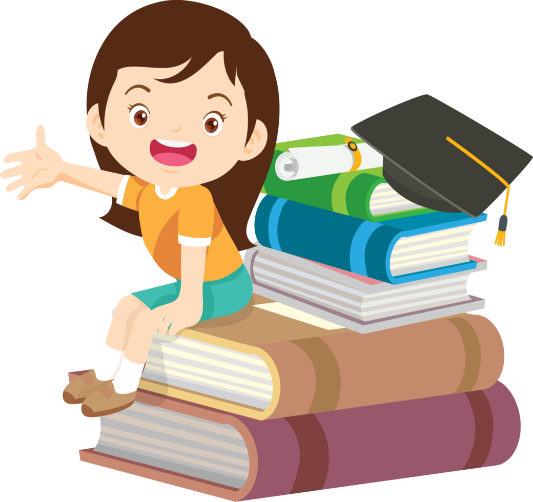 A cute girl with a cheerful expression sits on a pile of big mock-up books. png
