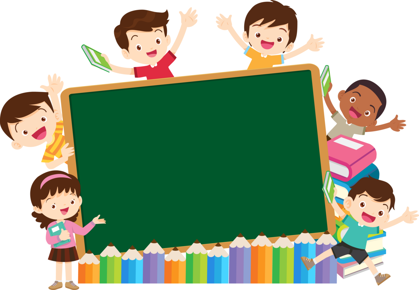 Group of students happily studying in a bright classroom. png