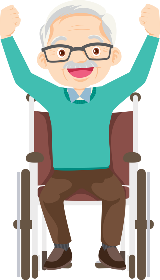 Grandpa raised his hands in joy because he had recovered from his illness and returned to good health. png
