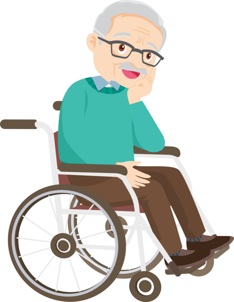 Grandpa sits in a wheelchair, smiling at memories of the past. png