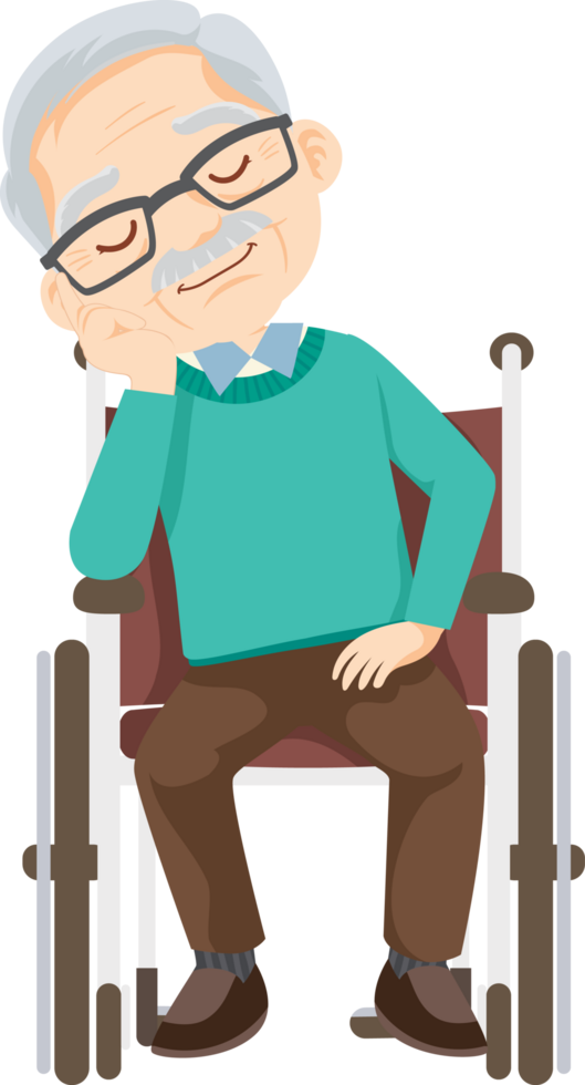 Old man in a wheelchair, listening to the sound of rain. png