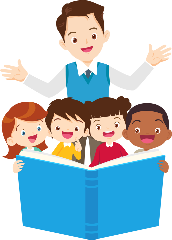 Teacher showing a big book to a group of students. png