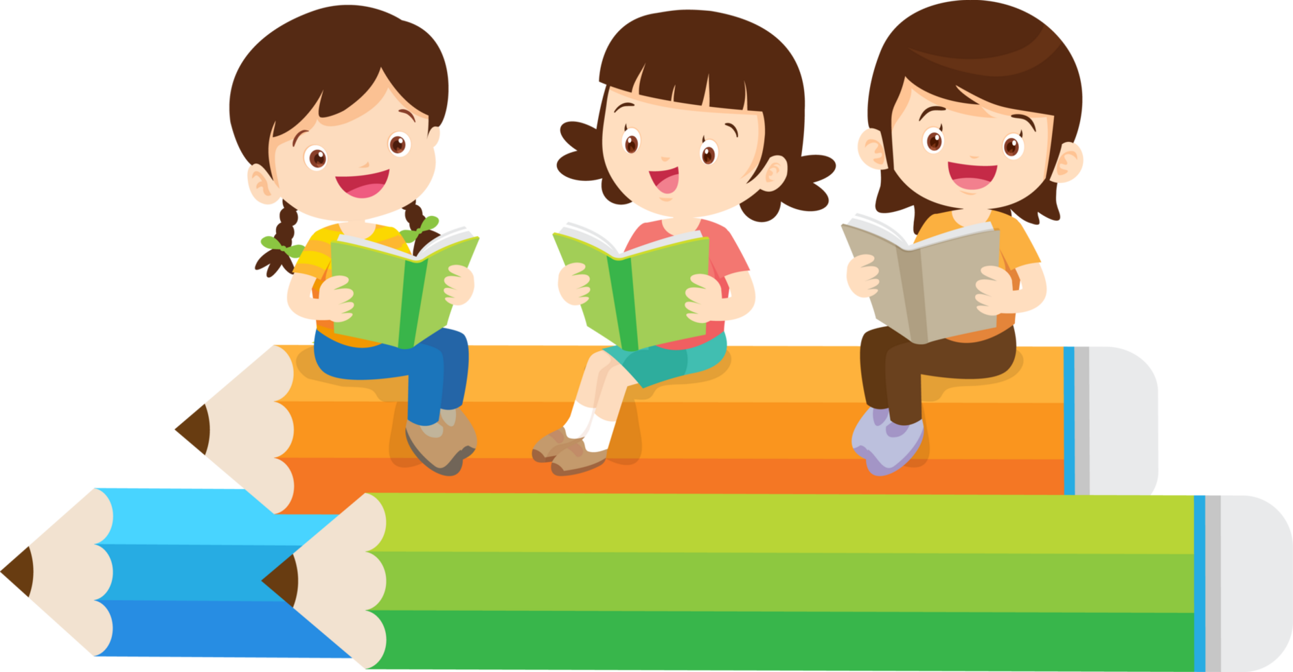 Three school girls are sitting happily reading books on a large mock-up pencil. png