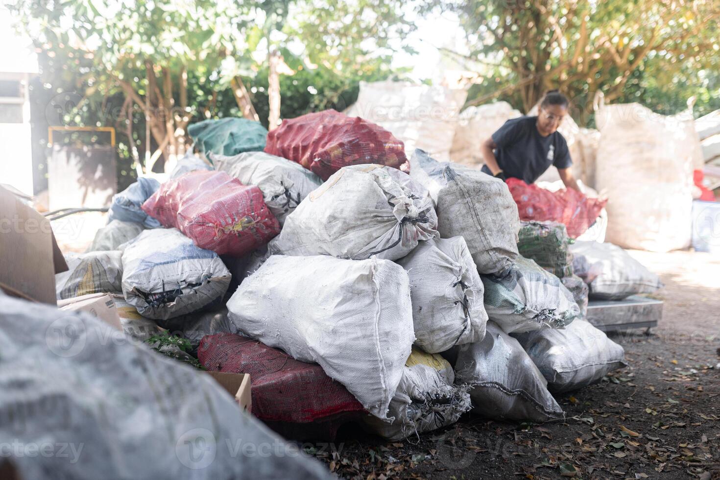 A Young Hispanic Woman Stacking Glass Bottle Sacks by Big Recycled Heap. Concept of Building Sustainability photo