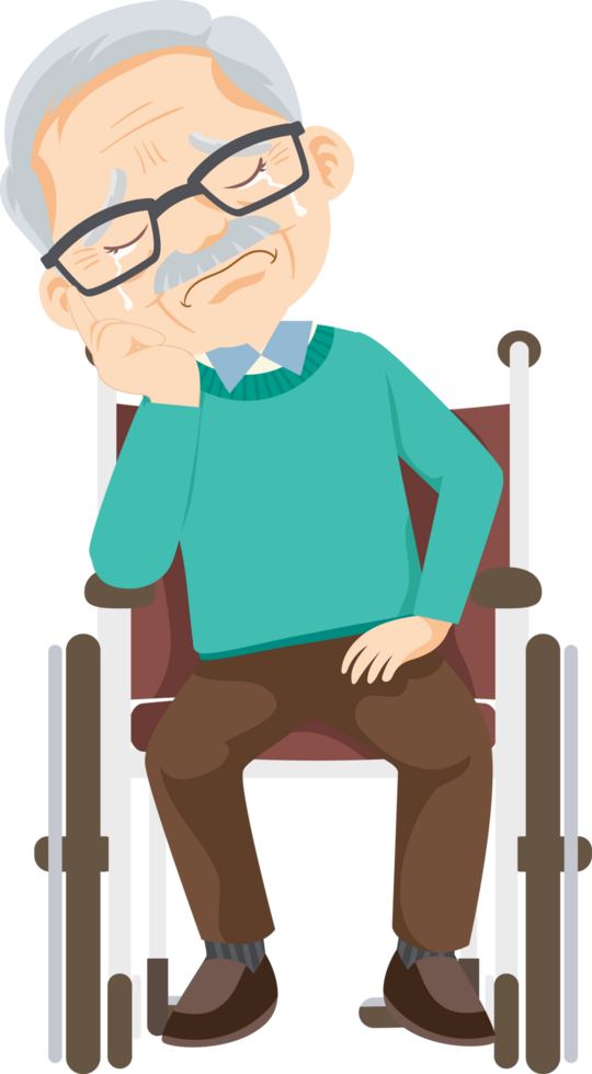 Grandpa sits in a wheelchair, crying and feeling sad about having to be in the hospital because he is sick. png