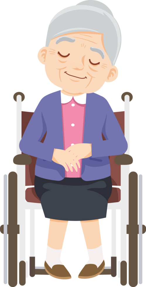 Grandma sits in a wheelchair listening to emotional music and reminiscing happily. png