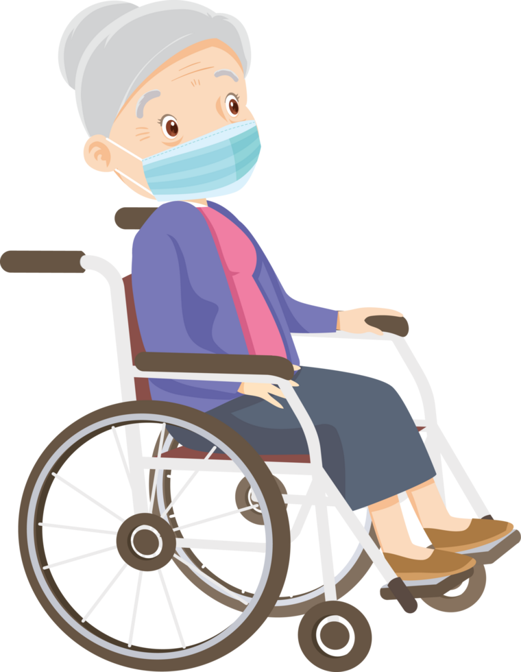 Grandma wearing a face mask sits in a wheelchair while receiving a health checkup. png