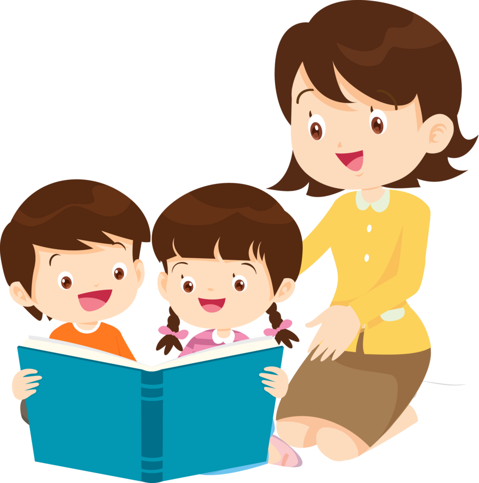 A kind-hearted female teacher is carefully training male and female students to read by themselves. png