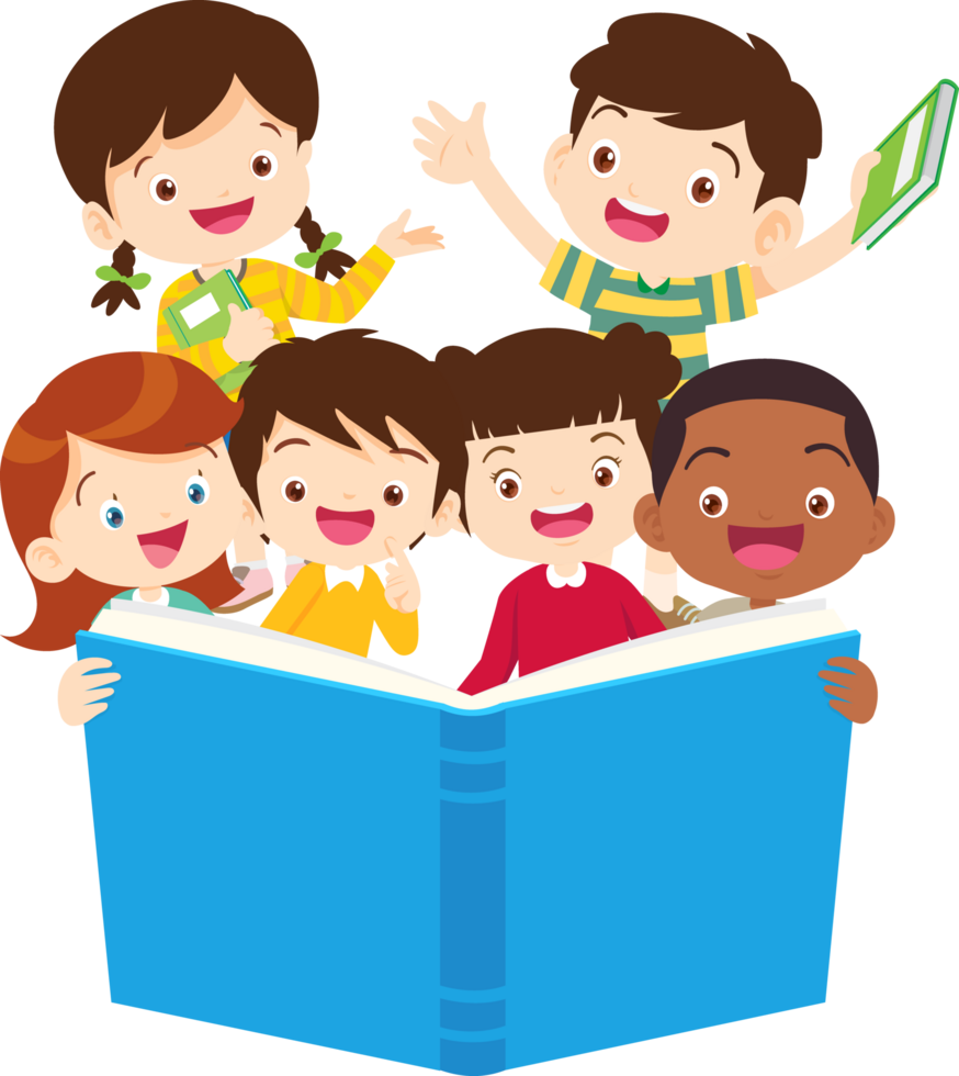 Group of students sitting in a library reading books. png