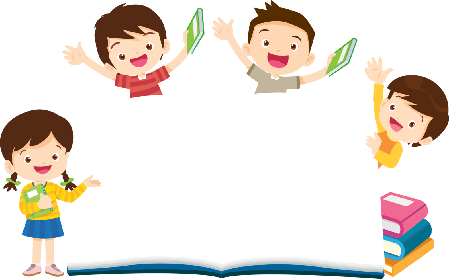 A billboard with children standing around a large open book with joy. png