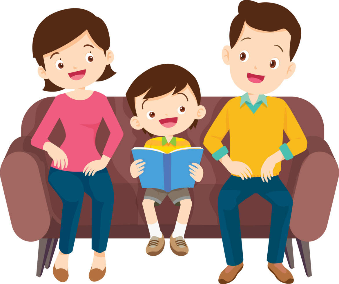 Cartoon-style happy family reading together on a comfy sofa. png