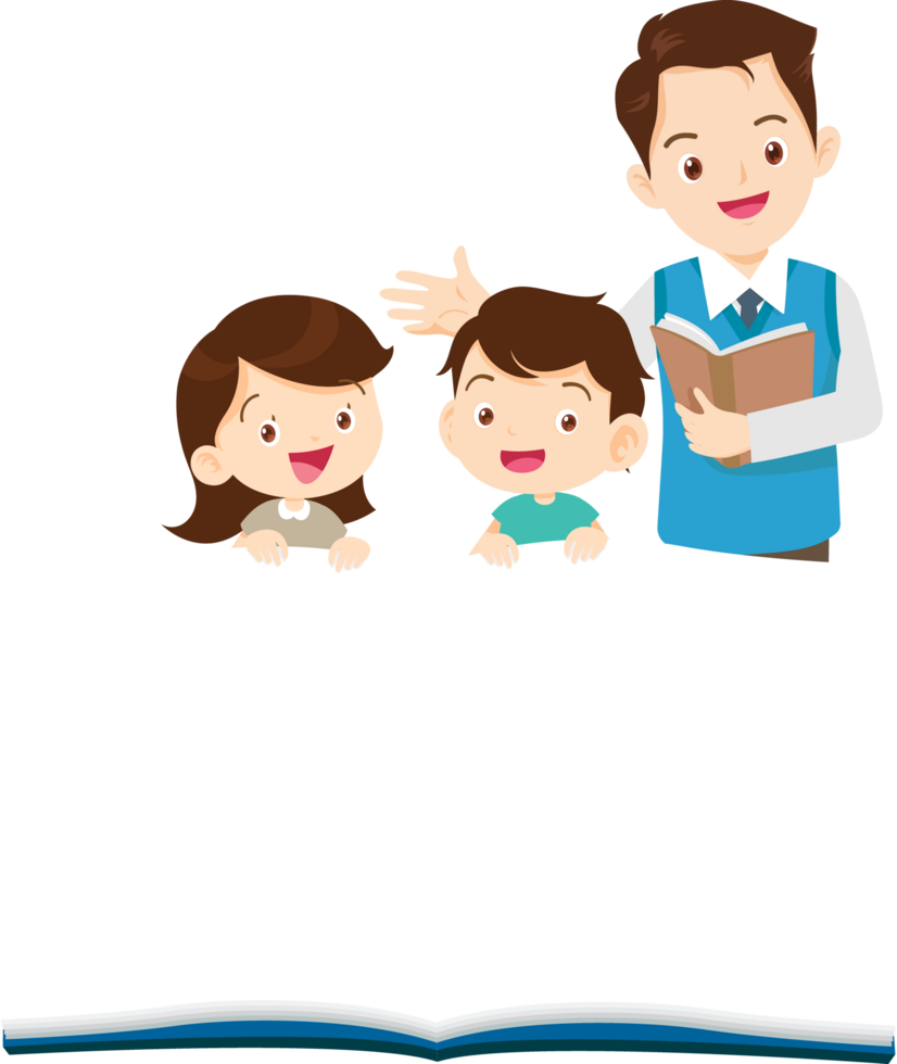 Advertisement featuring a smiling male teacher teaching a young girl. A cheerful male teacher stands behind a large open mock-up book. png
