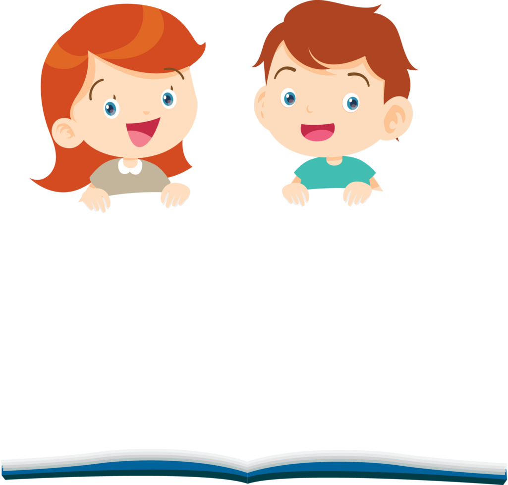 Smiling school boys and girls stand behind a large mock-up book. png