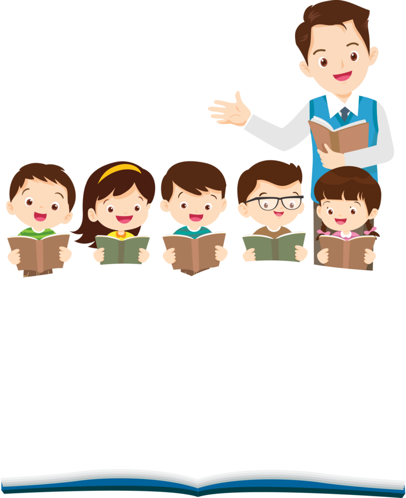 Happy teacher holding a book, teaching a cheerful class. png