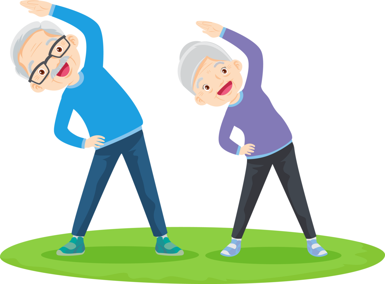 Grandpa and grandma are doing some light exercise in the grass with a cheerful expression. png