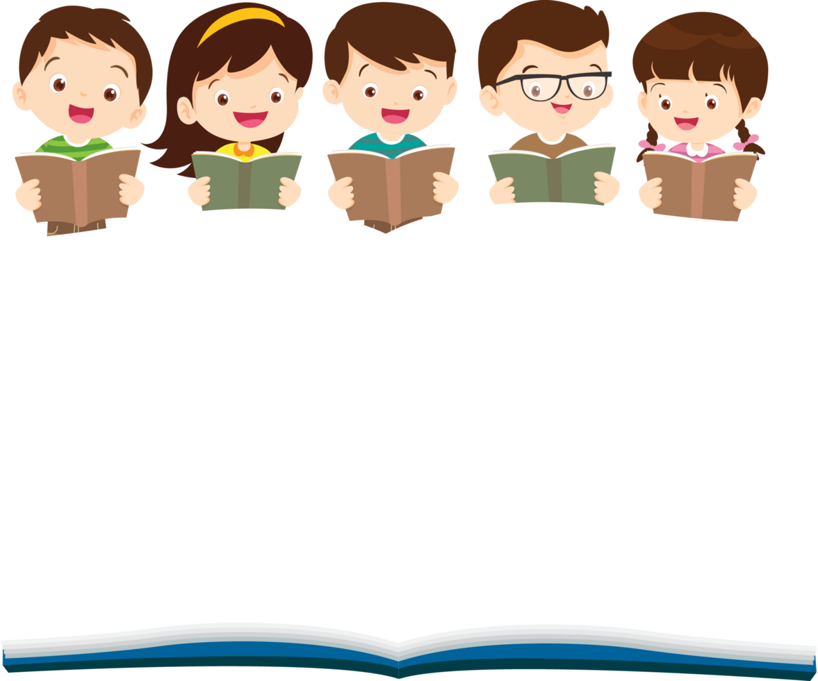 Advertisement featuring cute children reading books above a large open mock-up book with cheerful expressions. png