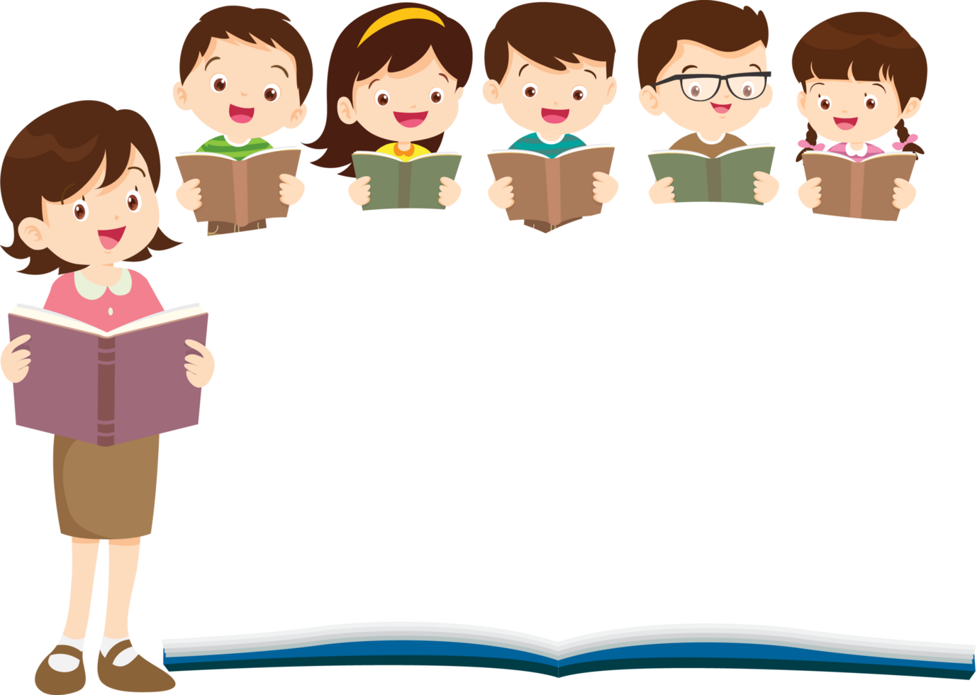 Illustration of teaching aids with a young female teacher standing teaching students and holding a large model book open. png
