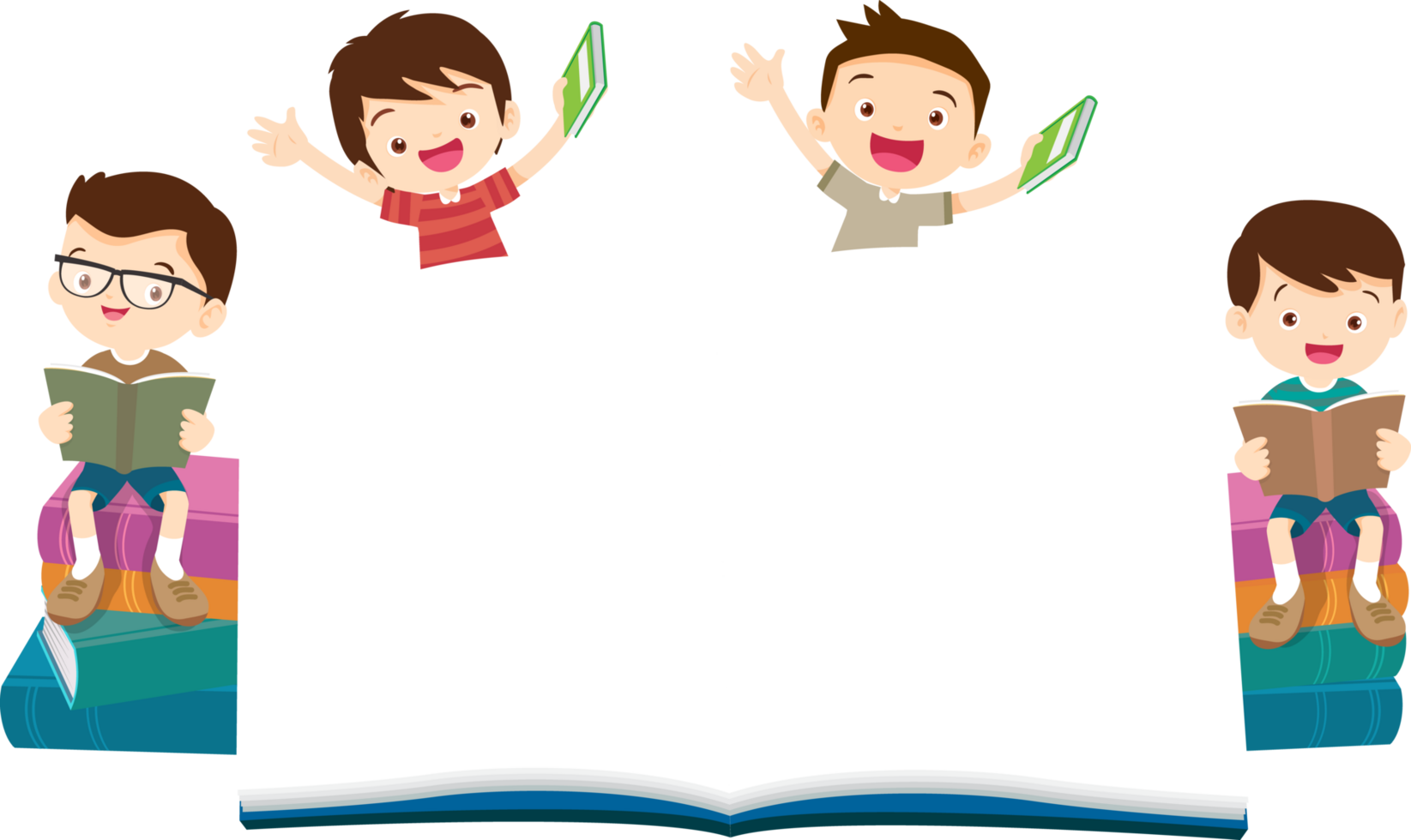 Advertisement featuring cute children reading books with a pile of textbooks next to a large open mock-up book. png