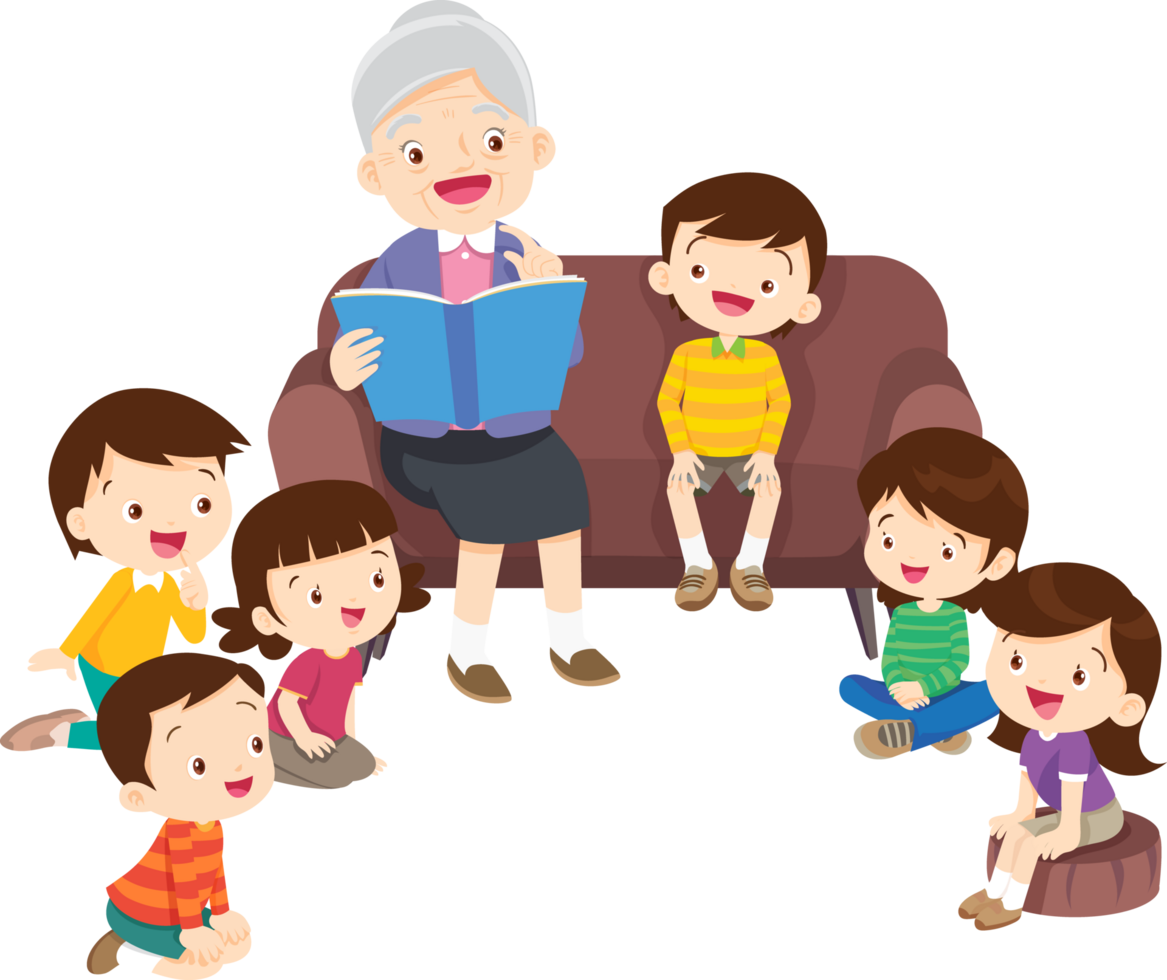 The little children sat excitedly listening to their grandmother tell them a story. png